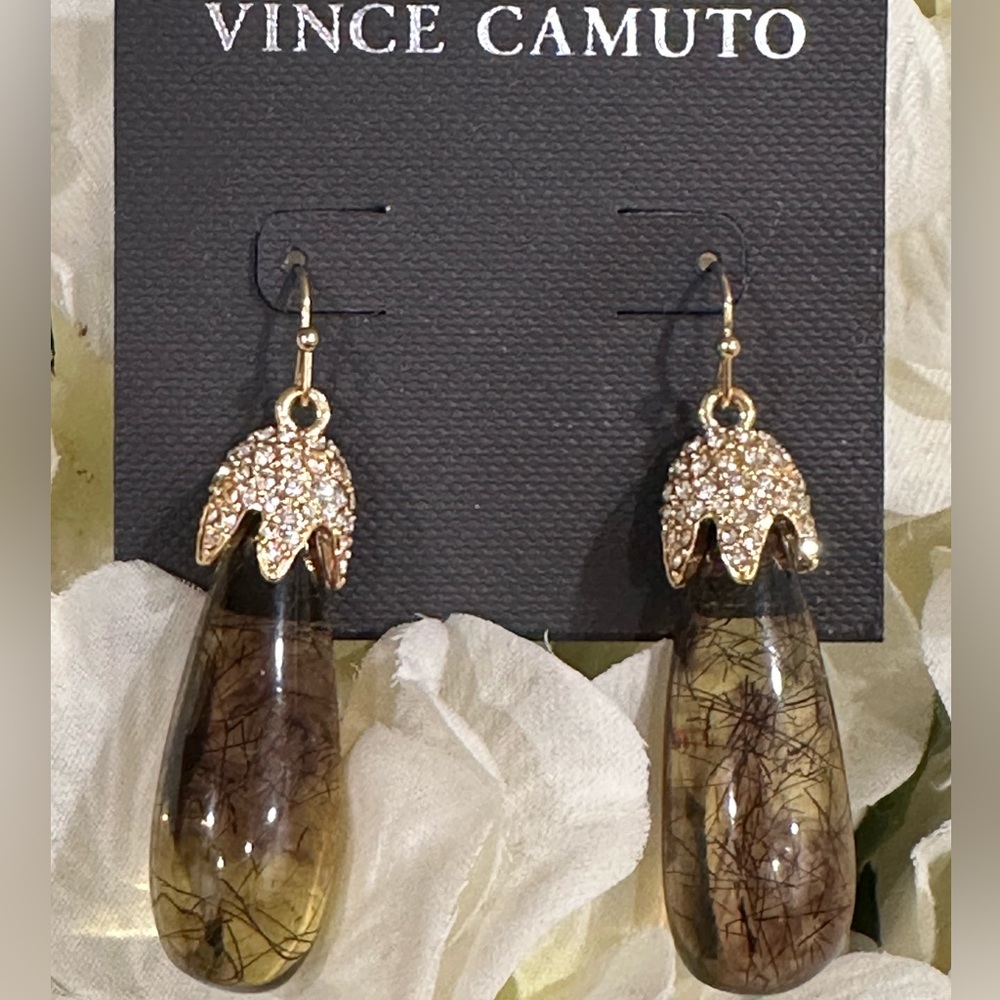 Vince Camuto Brown Amber-Glass 2" Gold Tone Dangle Earrings